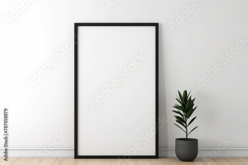 Wallpaper Mural Blank black photo frame hanging on white wall interior with wooden floor. Generative AI Torontodigital.ca