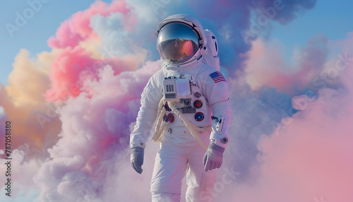 Astronaut in space helmet in the middle of colorful smoke