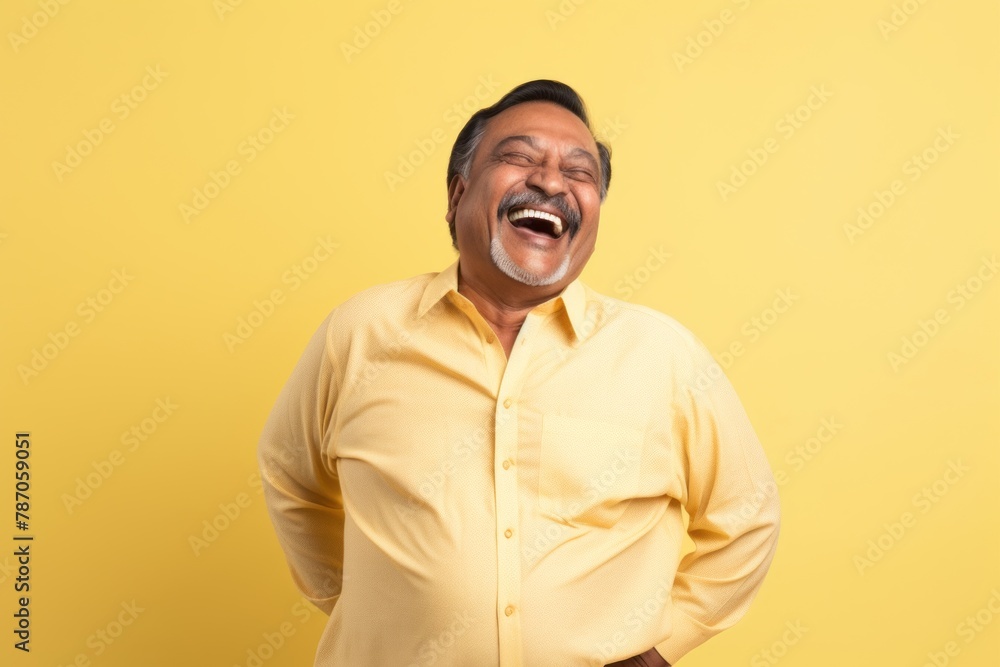 Portrait of a joyful indian man in his 60s sporting a long-sleeved thermal undershirt isolated in pastel yellow background