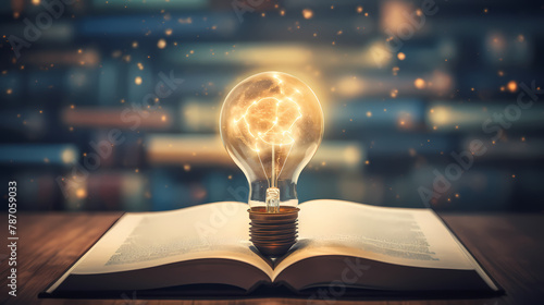 Light bulb and open book, new ideas concept photo