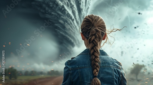 a young girl is standing in front of a tornado photo