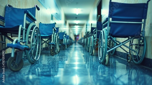 Empty wheelchair in hospital parking at corridor near a row of chairs for patient