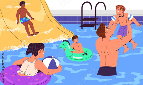 Father and kids have fun in water in summer. Happy people playing in swimming pool, slide on waterslide. Children floating on inflatable circles in aquapark in summertime. Flat vector illustration