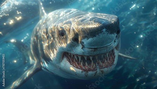 A Lamniformes shark is gracefully swimming in the water, showcasing its jaw with a wide smile as it filters fluid for food, a fascinating organism in marine biology © RichWolf