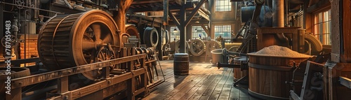 Traditional flour mill in operation, rustic, historical machinery, warm lighting,  photo