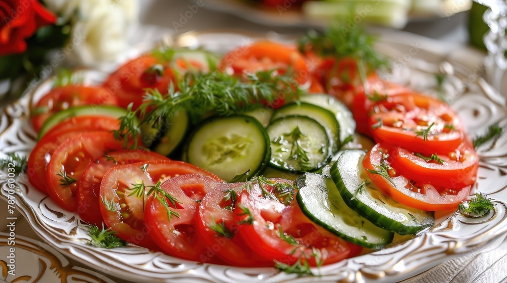 Tomatoes and cucumbers are arranged on a serving platter Tomatoes and cucumbers are arranged on a serving platter