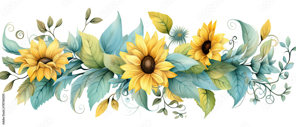 Obraz premium a a bunch of sunflowers with green leaves on a white background