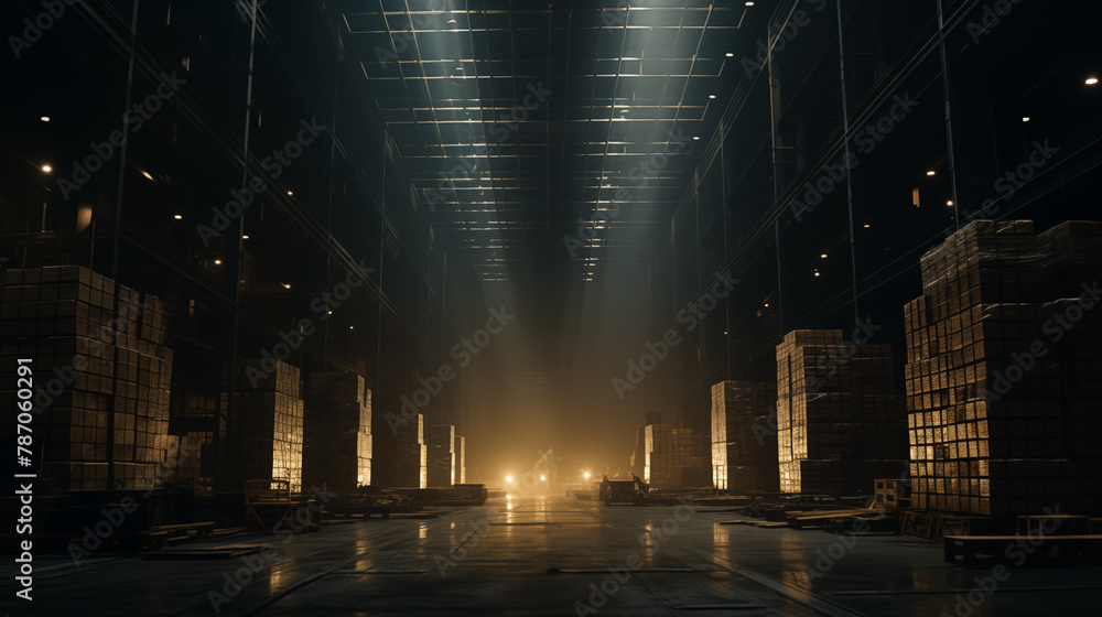 Huge dark industrial warehouse filled with stacked pallets of various goods - obrazy, fototapety, plakaty 