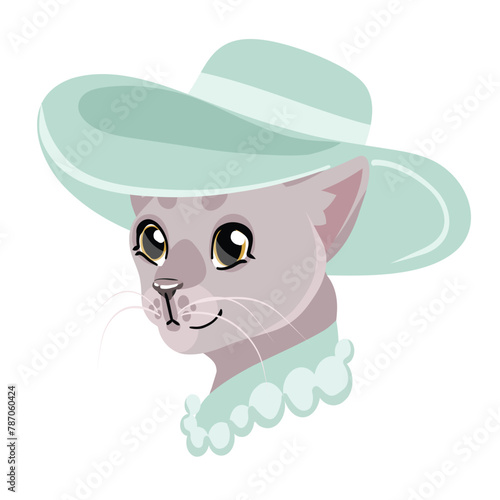 fashionable cat girl in a hat, vector portrait on a white background
