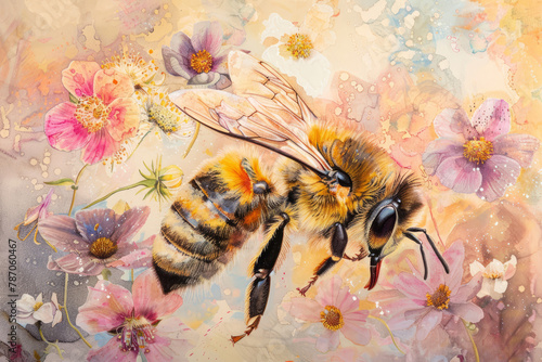 Flying bee surrounded by spring flowers - watercolor painting