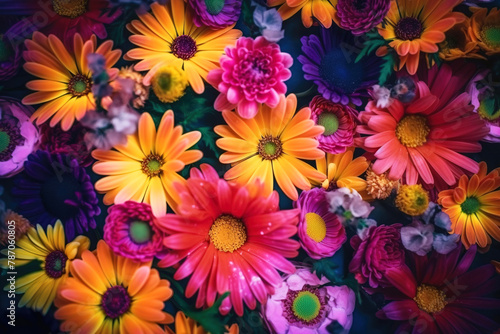 Texture of live mixed field multicolored blooming flowers for background, wallpaper. AI generated.