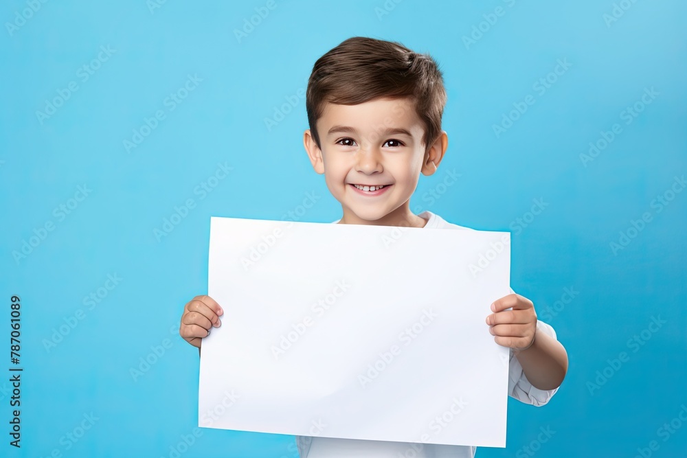 Happy Boy with a white leaf in his hands on a blue background Happy Boy with a white leaf in his hands on a blue background