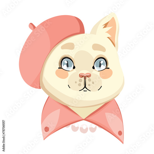 fashionable cat girl with pink beret, vector portrait on white background