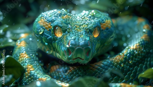 A closeup of an electric blue and gold reptile, a snake, in the jungle. This terrestrial animal has adapted well to its surroundings, showcasing its vibrant colors © RichWolf