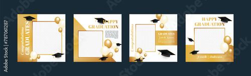 Graduation event greeting banner. Social media post banner for college graduation greetings. Photo booth props frames for graduation parties. School graduation ceremony frames for selfie vector set. photo