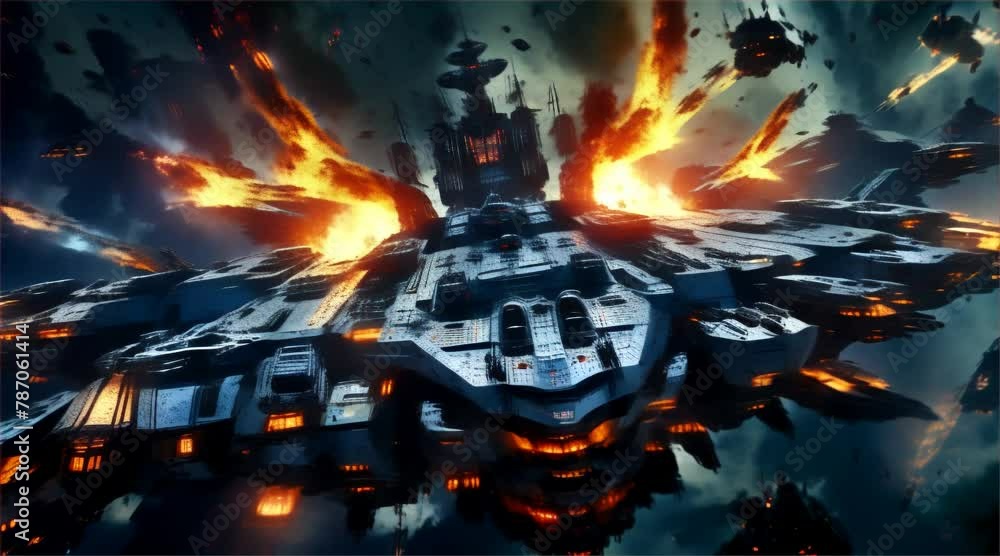 Sci-fi spaceship in outer space flying in outer space under attack with explosion and laser attack. Sci-fi spaceship in outer space flying in outer space under attack with explosion and laser attack.