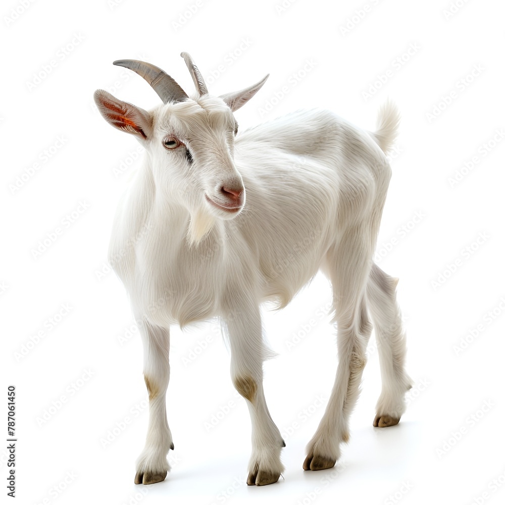 A white goat standing on a white background