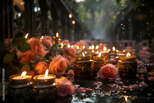 Burning candles in the shape of a heart and rose flowers.