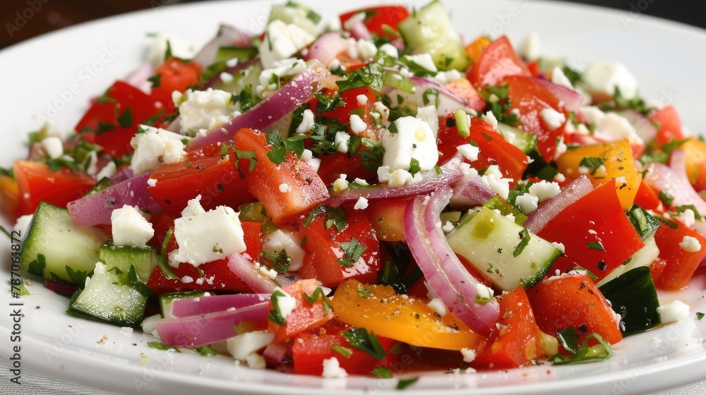Fresh vegetable salad topped with diced feta cheese Fresh vegetable salad topped with diced feta cheese