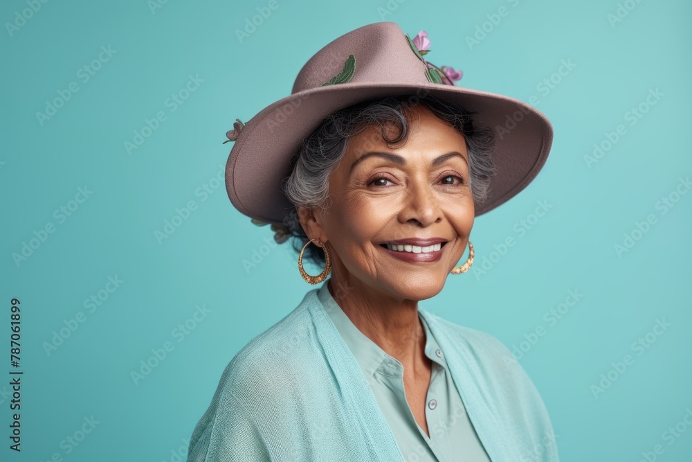 Portrait of a smiling indian woman in her 60s donning a classic fedora in pastel teal background