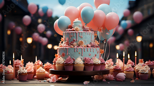 Birthday cupcakes decorated with pink buttercream frosting and balloons