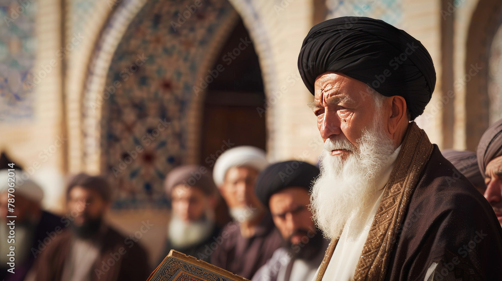 An elderly muslim sheikh in the past, surrounded by muslim people An elderly muslim sheikh in the past, surrounded by muslim people