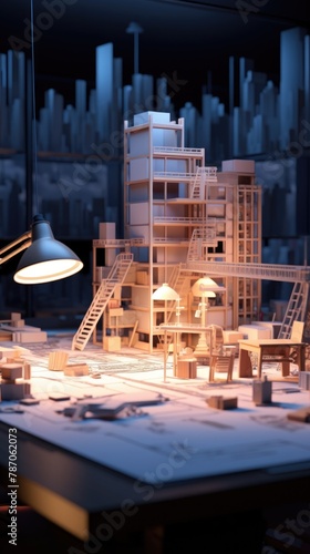 A late-night collaboration in an architect's office, with soft lamp light illuminating the blueprints and model building on the desk, 3d illustration