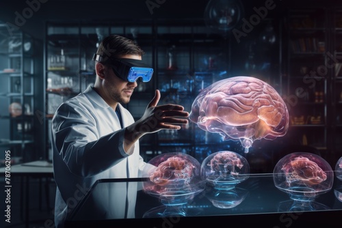 A brain surgeon exploring a holographic brain tumor model in a virtual reality environment, with tools floating around for analysis, 3d illustration photo
