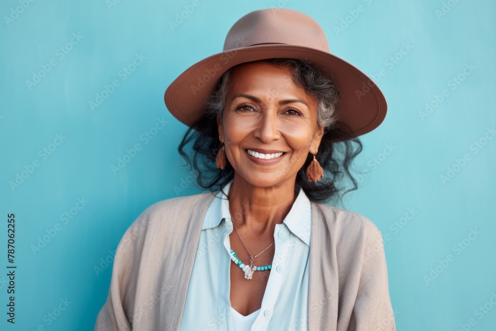 Portrait of a smiling indian woman in her 60s donning a classic fedora over pastel teal background