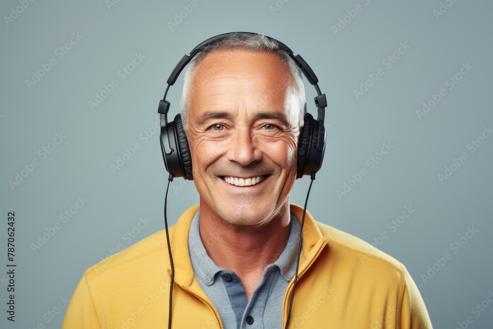 Portrait of a grinning man in his 50s donning a classy polo shirt isolated on pastel gray background Portrait of a grinning man in his 50s donning a classy polo shirt isolated on pastel gray background