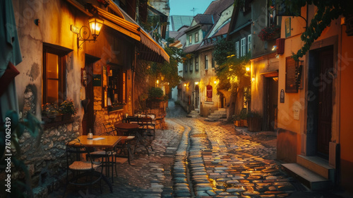 An old tavern on an old narrow paved street in a lovely old town in the evening