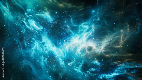 Space fantasy with glowing blue and green particles forming intricate patterns of stars © Adrian Grosu