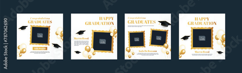 Graduation event greeting banner. Social media post banner for college graduation greetings. Photo booth props frames for graduation parties. School graduation ceremony frames for selfie vector set.
