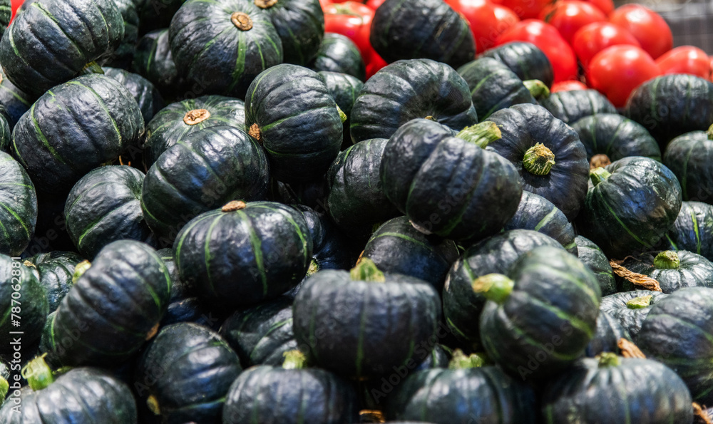 Pile of green pumpkins in market Pile of green pumpkins in market