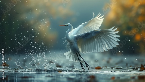 A graceful water bird spreads its wings as it soars over the liquid surface, showcasing its white feathers and elegant beak against the backdrop of the shimmering water below photo