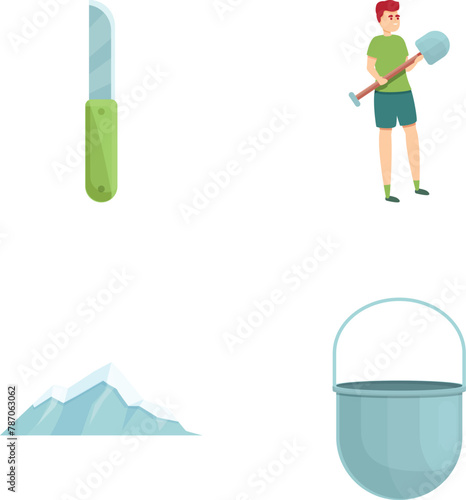 Mountaineering icons set cartoon vector. Man with camping equipment. Active lifestyle