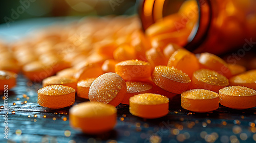 A bottle of orange pills on a table.