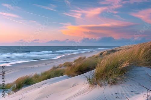 The sea, white sand, and green grass are all beautiful. As dusk falls on the sandy shore, waves break over the lake. Beautiful natural scenery with a path on the beach that leads to the ocean during s