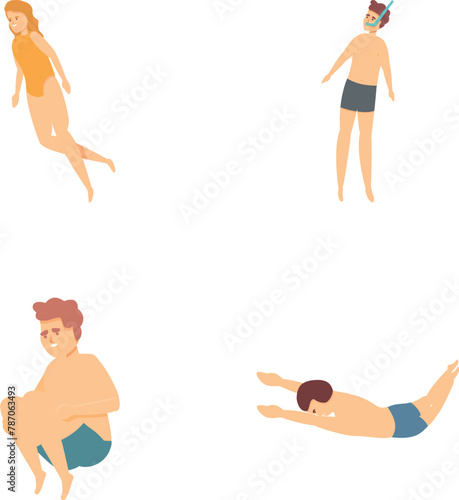 Swimming icons set cartoon vector. Active young people diving and swimming. Water sport
