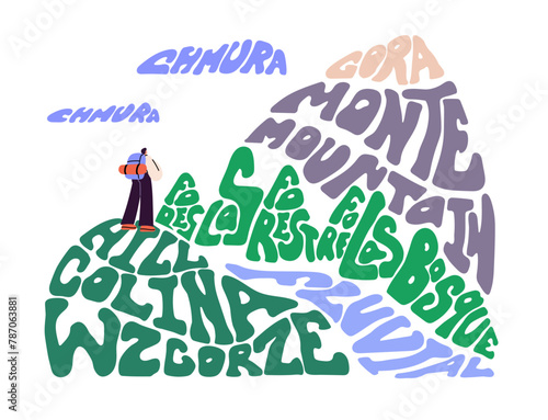 Polyglot expands vocabulary concept. People learning foreign language, different words for travel. Student studies on multilingual courses. Self education. Flat isolated vector illustration on white
