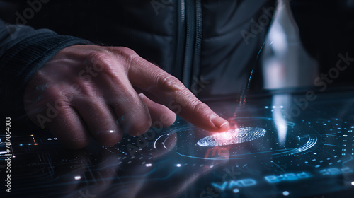 Digital screen of control panel in command center or cyber security office, hand of operator touches futuristic computer dashboard. Concept of hud, ui, tech, data, work, technology, interface. 