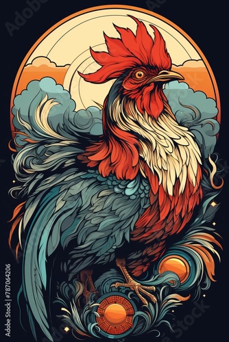 A rooster with the body of a cockatrice perched confidently on the crest of a wave, symbolizing a unique and unexpected encounter of land and sea creatures in a dynamic and intriguing setting