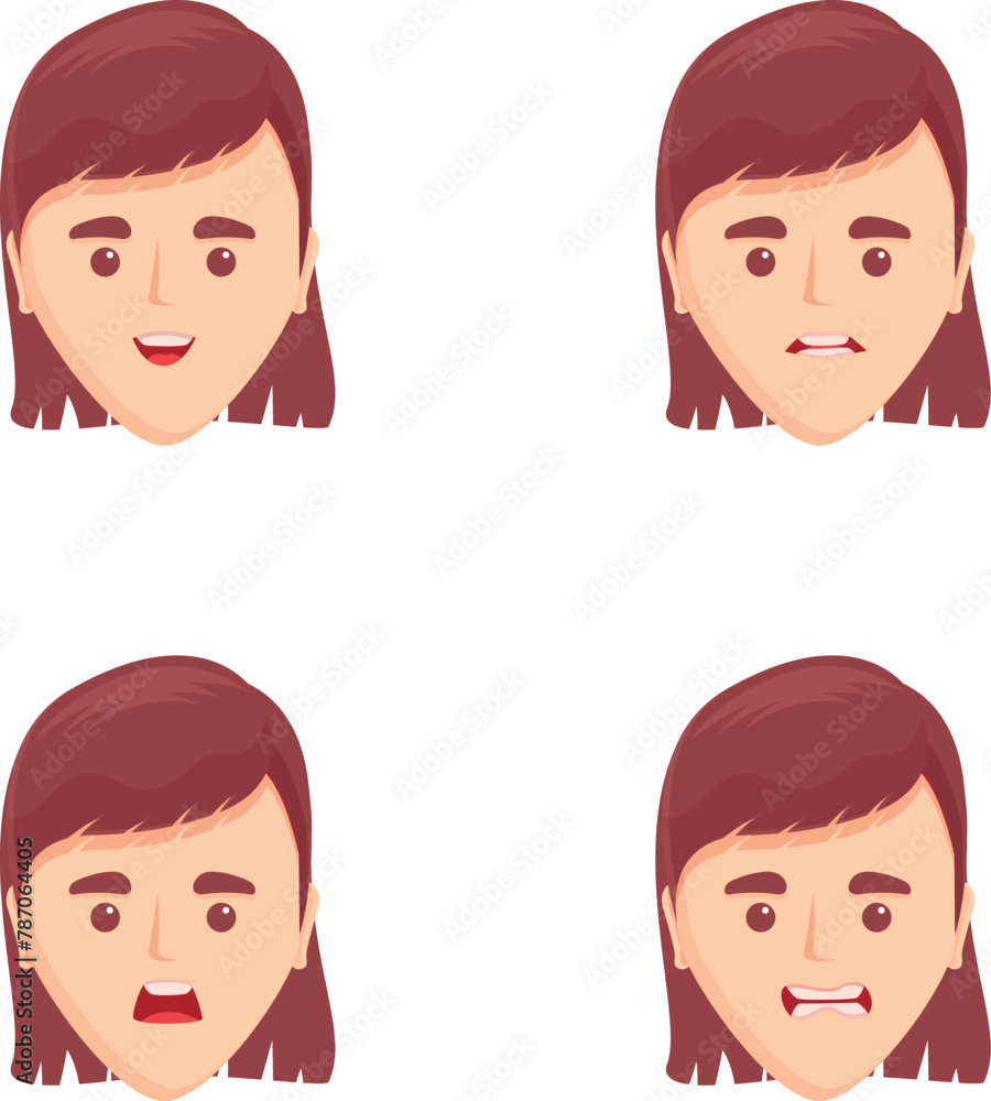 Woman emotion icons set cartoon vector. Woman with various facial expression. Cartoon character Woman emotion icons set cartoon vector. Woman with various facial expression. Cartoon character
