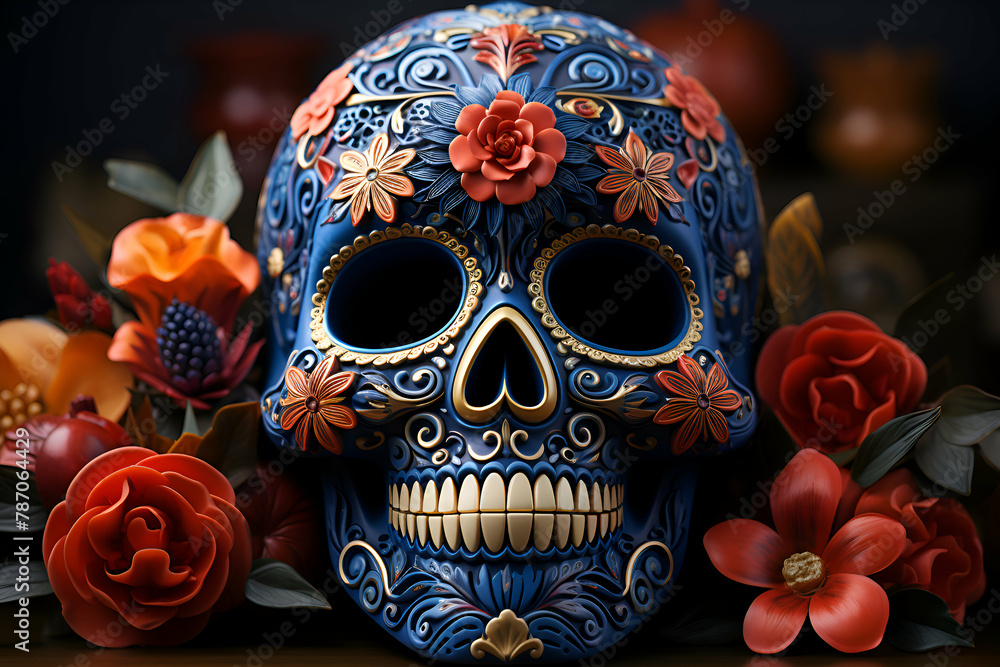 Day of the Dead sugar skull with floral decoration on dark background. Day of the Dead sugar skull with floral decoration on dark background.