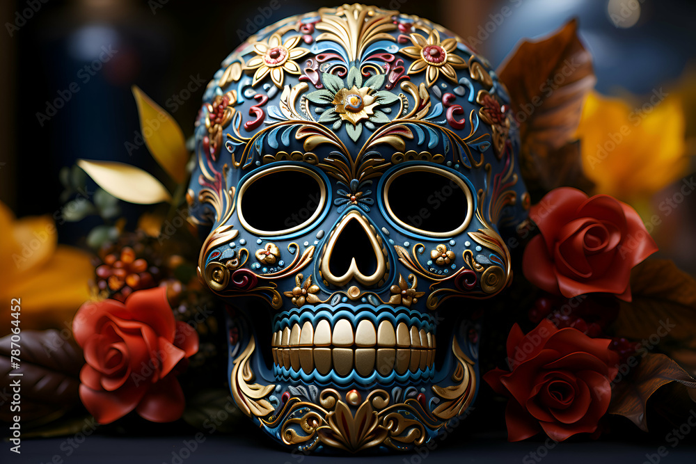 Mexican sugar skull on black background. Day of The Dead.