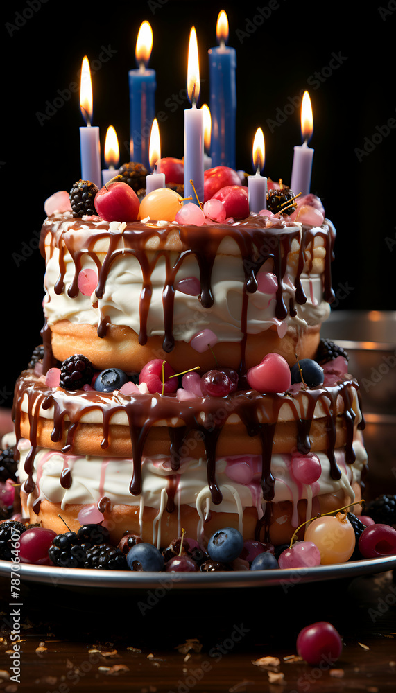 Birthday cake with candles and berries on a dark background. Selective focus.