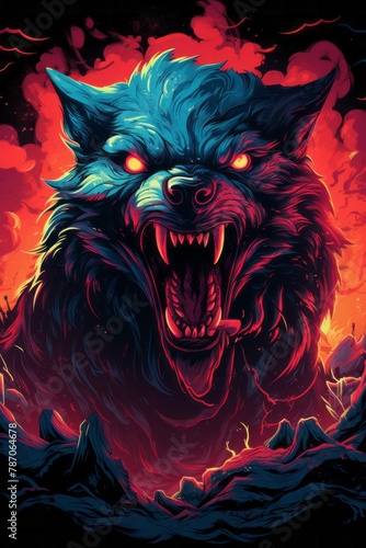 A wolf is shown with its mouth open in a threatening display, showcasing its sharp fangs and aggressive stance under the full moons light
