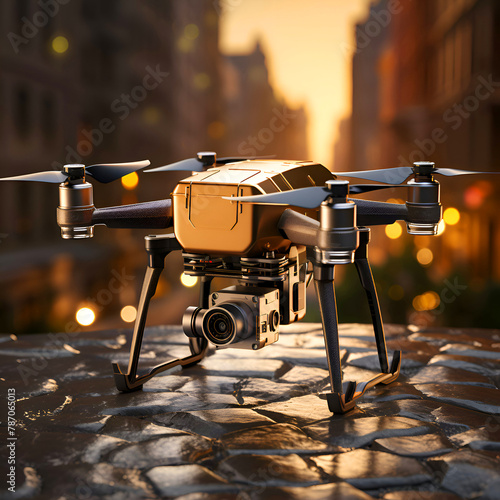Drone with digital camera on the background of the city. 3d rendering © Wazir Design