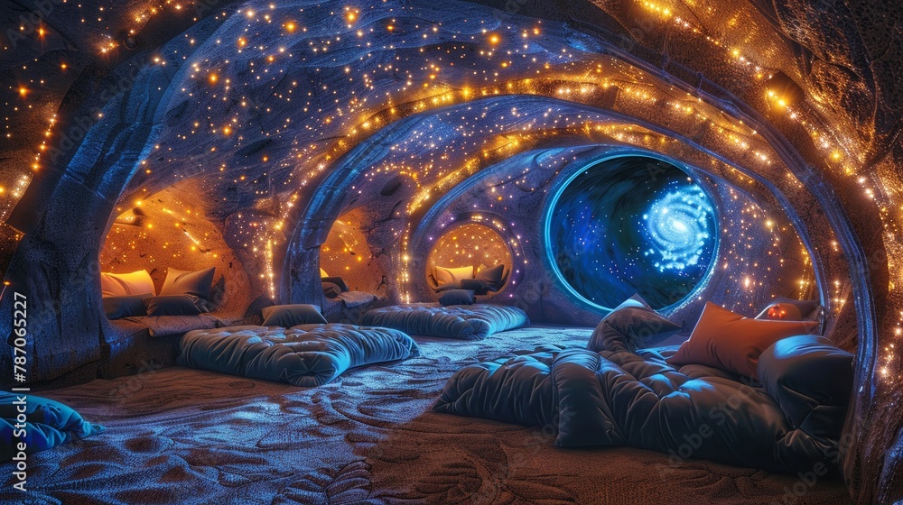 Obraz premium A galaxy where black holes are safe, cozy retreats inside, filled with soft pillows and warm lights, serving as cosmic hideaways