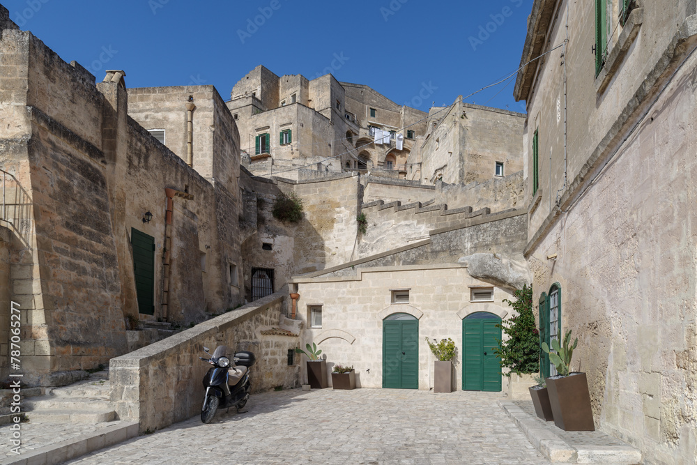 Street in Matera old town, Sassi di Matera, Basilicata region, Italy. UNESCO World Heritage Site